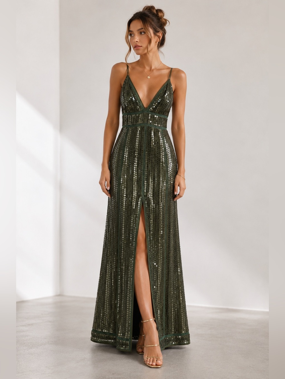 ASOS Olive Green Sequin Maxi Dress Deep V Front Slit Glam Evening Gown US 6